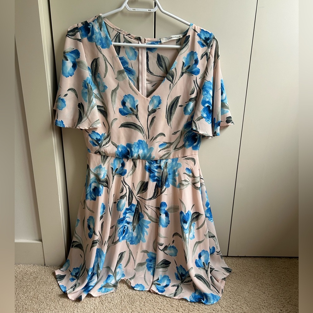 Caramela Pink Flowy Summer Dress Soft Pink with Blue Flowers (Mad About Style)